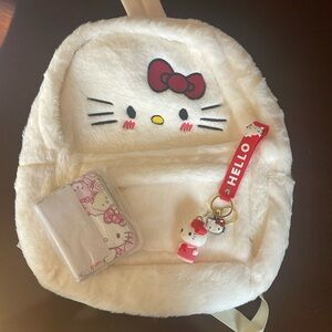 New hello Kitty faux fur soft backpack bundle, fuzzy, keychain, card case wallet